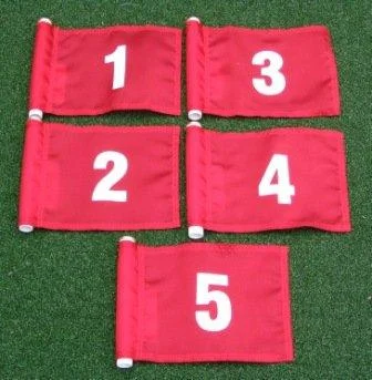 ShopTJB Set of White Numbered #1, 2, 3, 4, and #5 Each Printed on a Solid Red Jr. (8" L x 6" H) 400 Denier Pin Marker Flag for Golf & Putting Green Applications