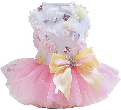 Dog dress puppy skirt dog princess clothes ballet tutu flower wedding luxury sheet luxury sheet dress for little dog girl (l pink) l pink - Izefia
