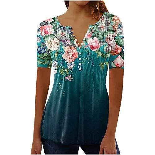 Dress Shirts for Women, Womens Fold Floral Printed Button Tunic Blouses Short Sleeve Vest V-Neck Birthday Gifts Cami Green 3X-Large