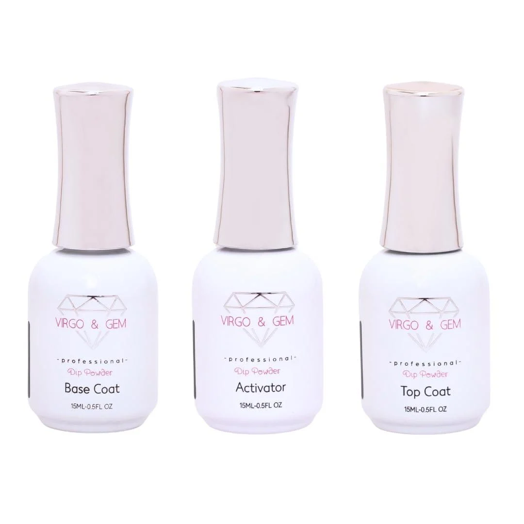 VIRGO & GEM 3 or 5 pcs Dipping Powder Liquid Set- 15ml Dip Powder Base Coat Top Coat Activator Brush Saver and PH bond.