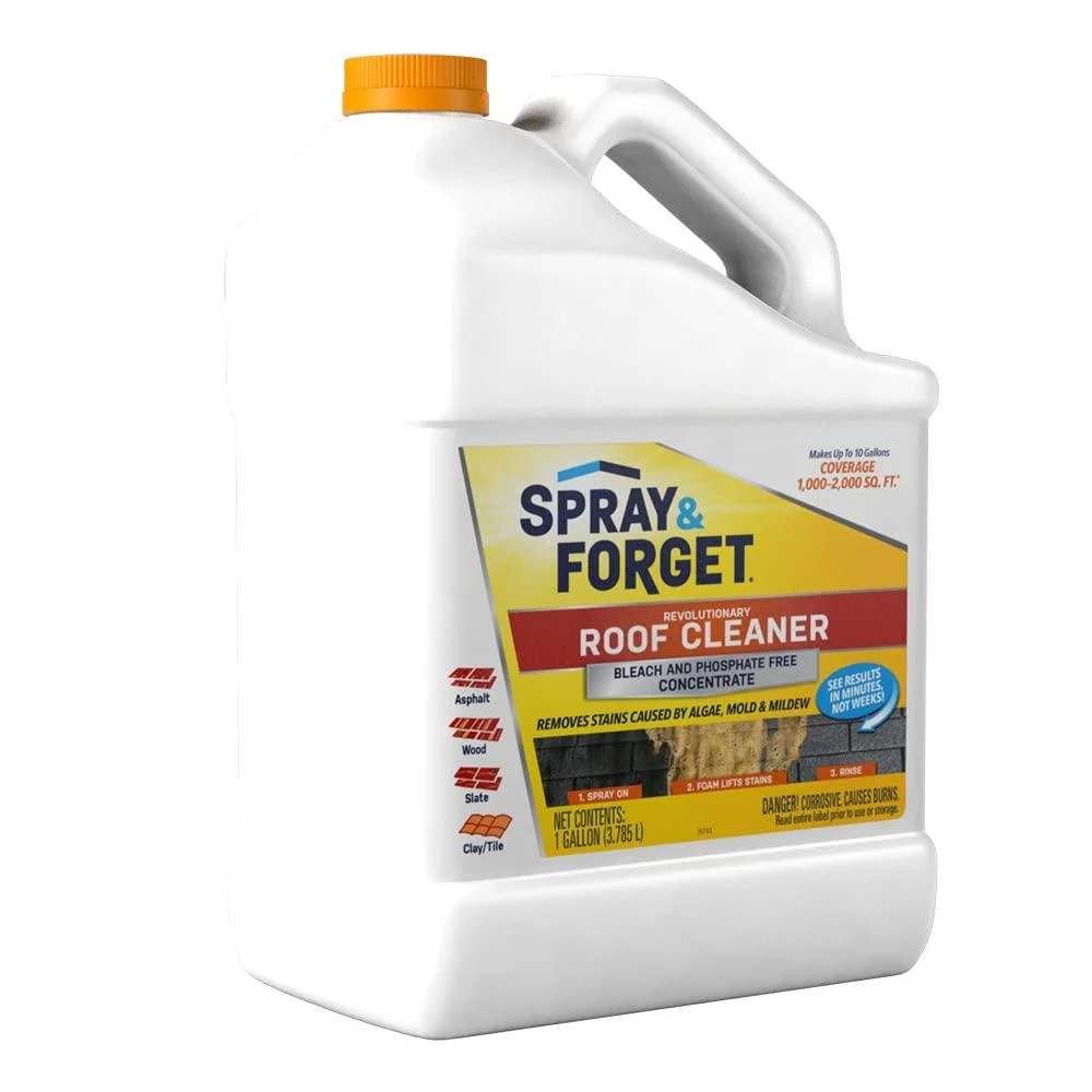 Spray & Forget Revolutionary Roof Cleaner Concentrate 1 Gal. - Cleans Algae Mold & Mildew Stains Fast-Acting Roof Cleaner Use on Asphalt Wood Slate Clay & Tile Shingles