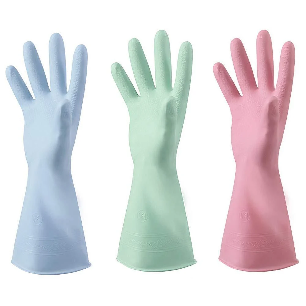 Reusable Household Cleaning Gloves Kitchen Dishwashing Gloves 3 Pairs M Pink-Green-Blue Medium