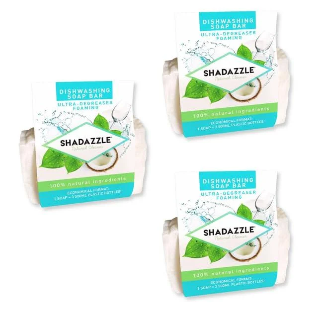 Shadazzle Solid Dish Soap Bar - 3 Pack - Zero Waste Dishwashing Soap Bar - Eco Friendly Dish Soap - Ultra-Degreasing Foam for Squeaky Clean Dishes Dish Soap Bar with All-Natural Ingredients