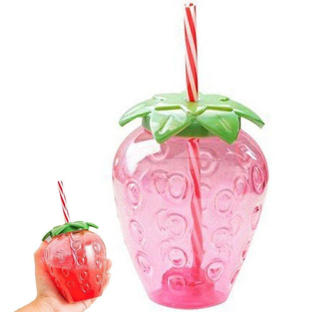 Strawberry Shaped Kawaii Cup with Straw for Boba Tea Pp Cute Cups with Lid and Straw Kawaii Tea Cup Bottle for Women - Sanfly
