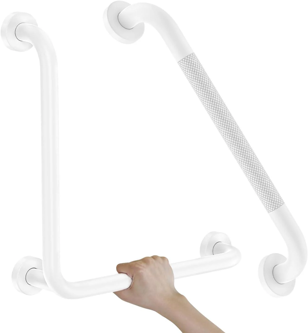 Angled Grab Bar+ Knurled Grab Bar 20 Inch - 16x16 Inch Stainless Steel Knurled Toilet Handles Wall Mounted Bathroom Handicap Safety Rails for Elderly Injured Balance Support L-shaped White Grab Bar