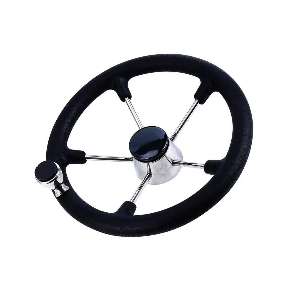 CREDSTAR Stainless Steel Destroyer Steering Wheel ,With 5 Spoke Boat Marine Black PU Foam 13-1/2 Inch