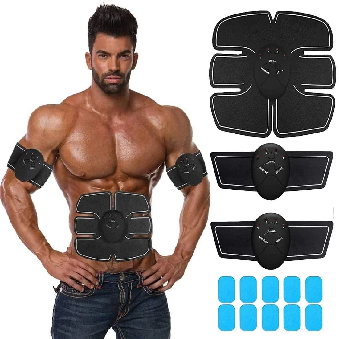 Abs Stimulator Abdominal Intelligent Muscle Toner Training Device with 10 Pcs ABS Gel Pads Replacement Portable Fitness Workout Equipment for Men Women Home Office (Gray) - SJNDY