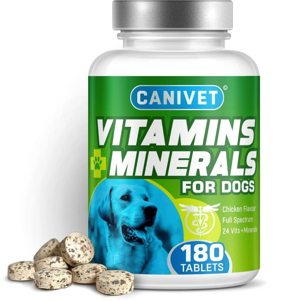 CANIVET Multivitamins for Dogs | 180 x Chicken Flavour Tablets | 24 x Essential Dog Vitamins & Minerals | Full Spectrum Health Supplement for Dogs | Up-to 1 x Year s Supply | Premium Quality
