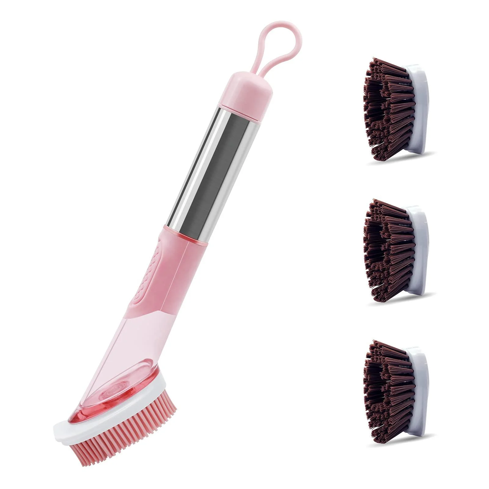Dish Brush Scrubber with Soap Dispenser Kitchen Brush for Dishes with Stainless Steel Handle with Three Replacement Head(1 TPR+2 Stiff Bristles) No Leak No Crack No Mold Accumulation - Raujout Pue