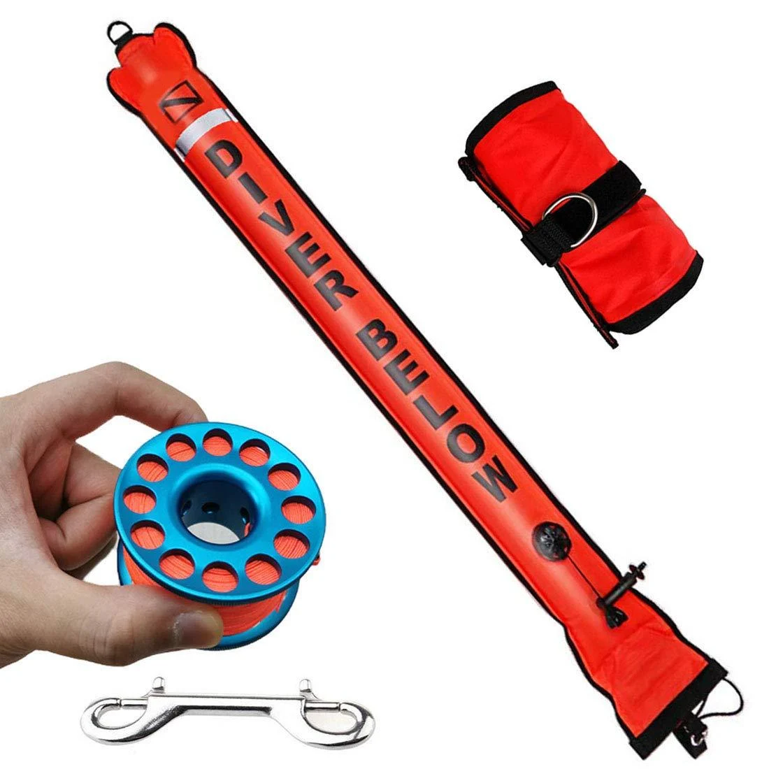 JZLiner DSMB 6ft Surface Marker Buoy with 100ft Finger Spool Reel Diver Below Signal Flag Tube Scuba Diving Equipment Open Bottom Set Orange