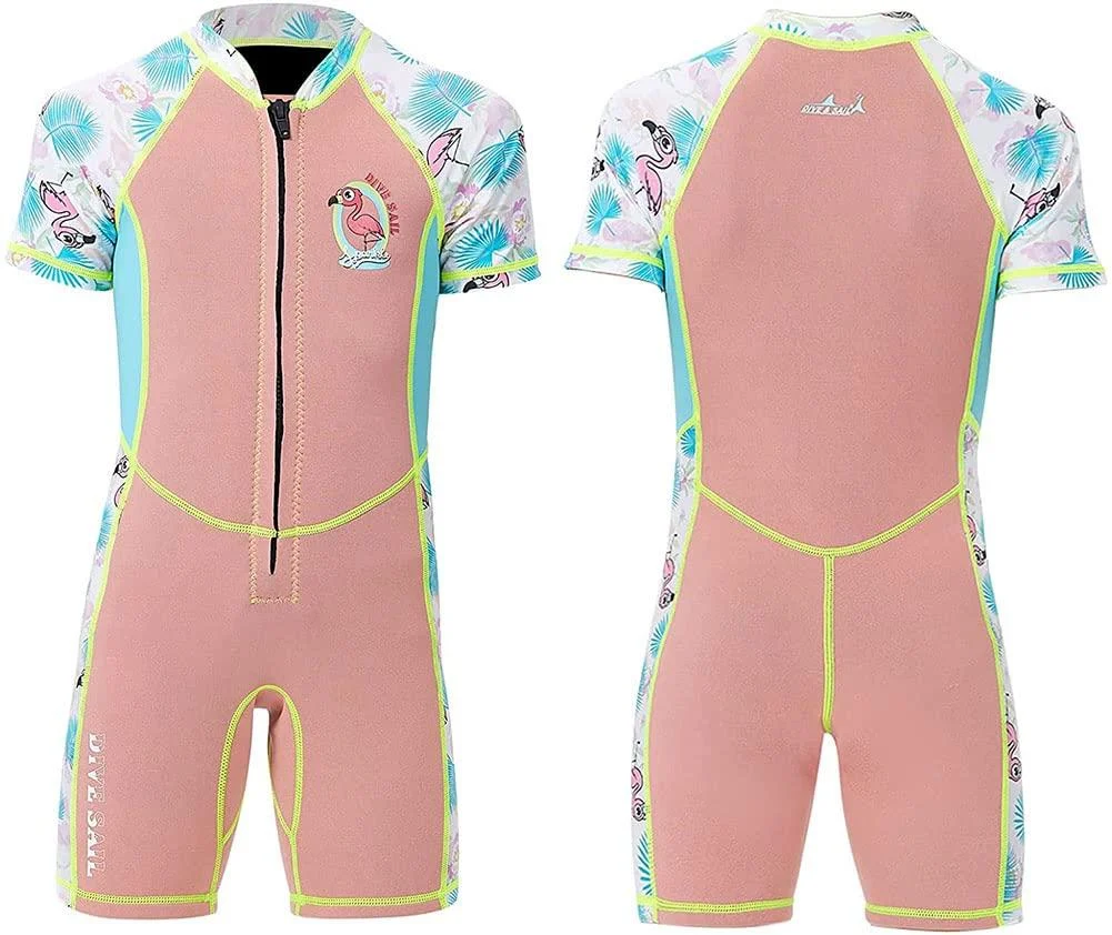 Wetsuit for Kids Girls Boys Neoprene Shorty Wet Suit Thermal Swimsuit 2.5MM 2MM, Neoprene or Spandex Sleeve Optional for Water Sports Height 46-48 ft/Weight 66-84 lb / 2XL 2mm Pink (Spandex Sleeves)