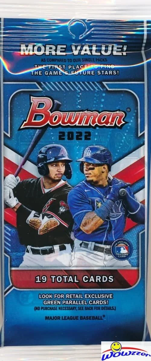 2022 Bowman MLB Baseball EXCLUSIVE Factory Sealed JUMBO FAT Pack with 19 Cards! Look for Rookie Cards & Autos of Anthony Volpe, Matt McLain, James Wood, Wander Franco, Kahlili Watson & More! WOWZZER!