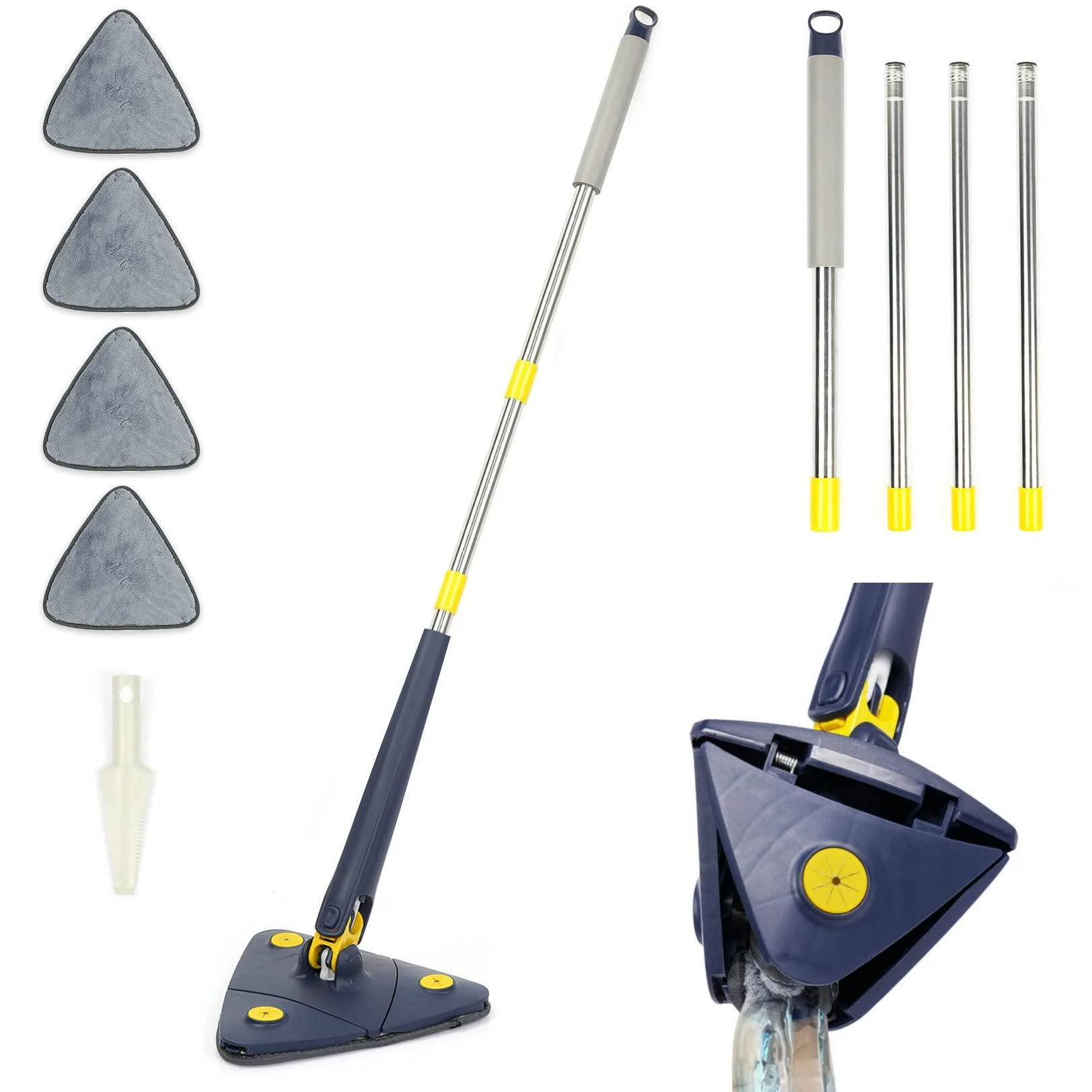 Rotatable Adjustable Cleaning Mop, 85Inch Long Handle 360 Triangle Baseboard Wall Cleaner with Extension Pole 40" to 85", 4 Reusable Washable Mop Pads, Wringer, Wet Dry for Ceiling,Floor,Wall etc Blue - HFAN