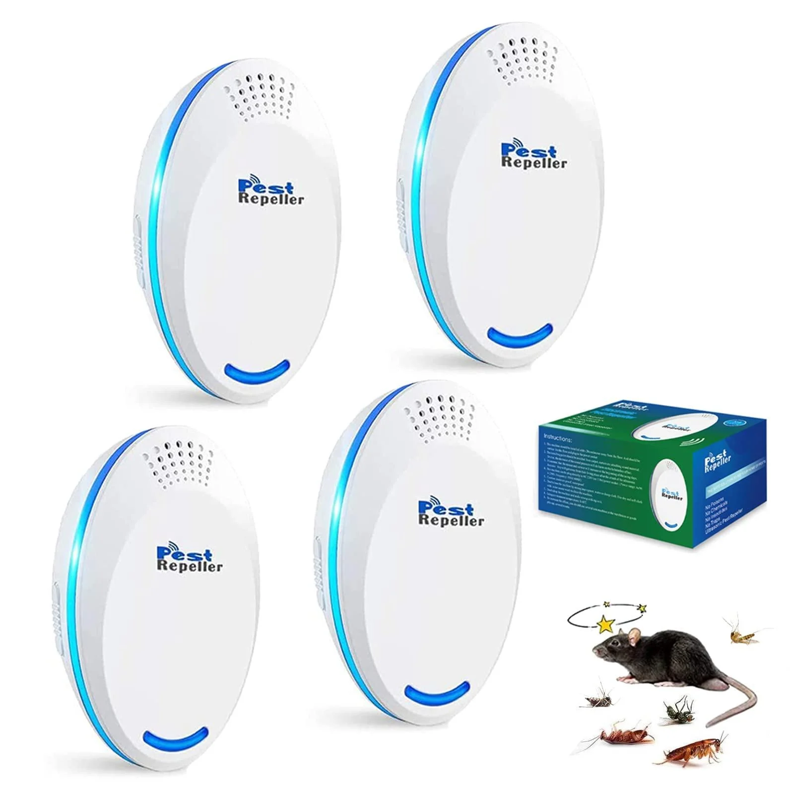 Ultrasonic Pest Repeller, Mouse Repellent, 4 Packs Pest Repellent Ultrasonic Plug in, Electronic Mice Repellent for House, Rodent Repellent Indoor Ultrasonic, Spider Repellent for House Indoor 4 PCS - Pbisnrmo