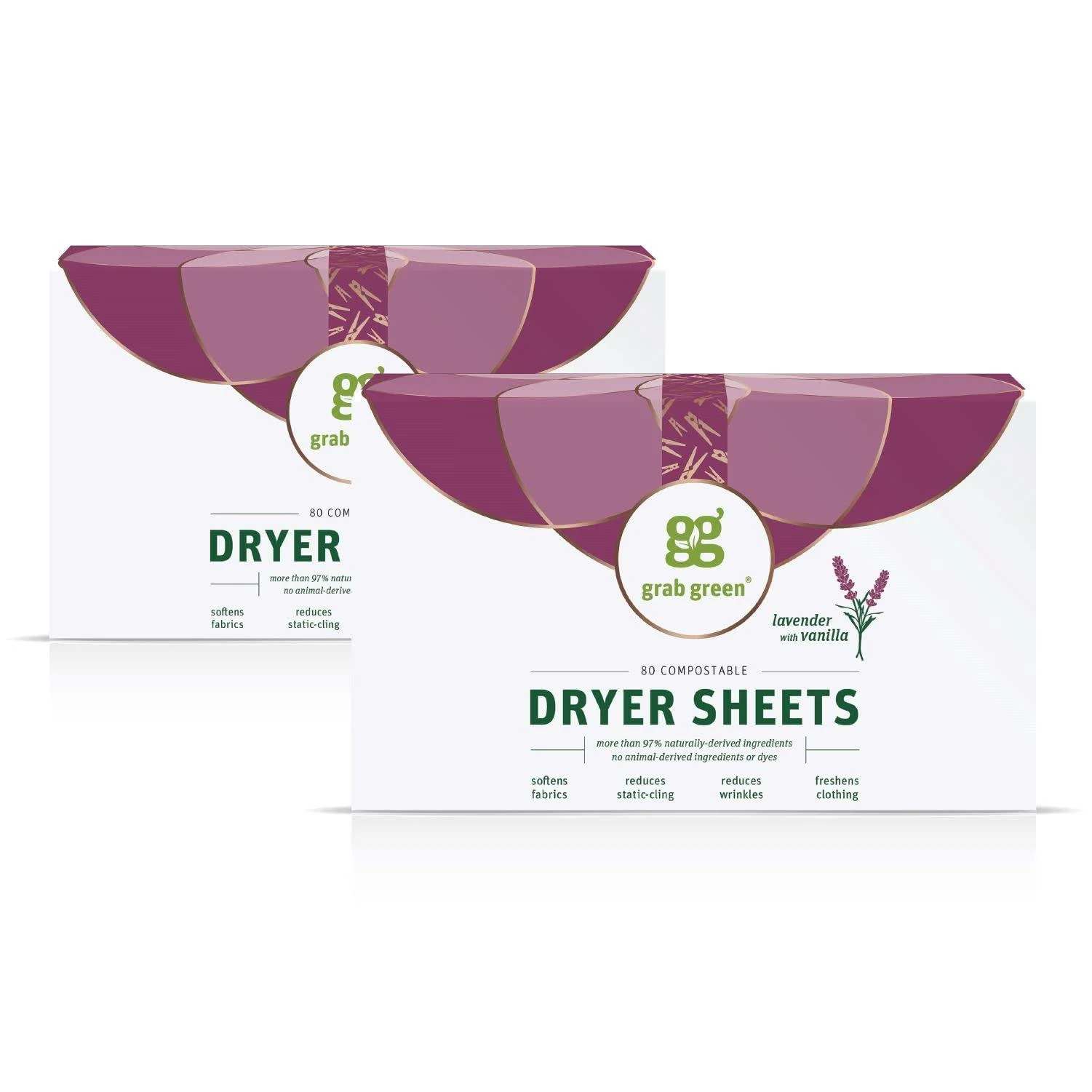 Grab Green Dryer Sheets 160 Sheets Lavender Vanilla Scent Plant and Mineral Based Compostable Softens Fabrics Reduces Static Cling and Wrinkles