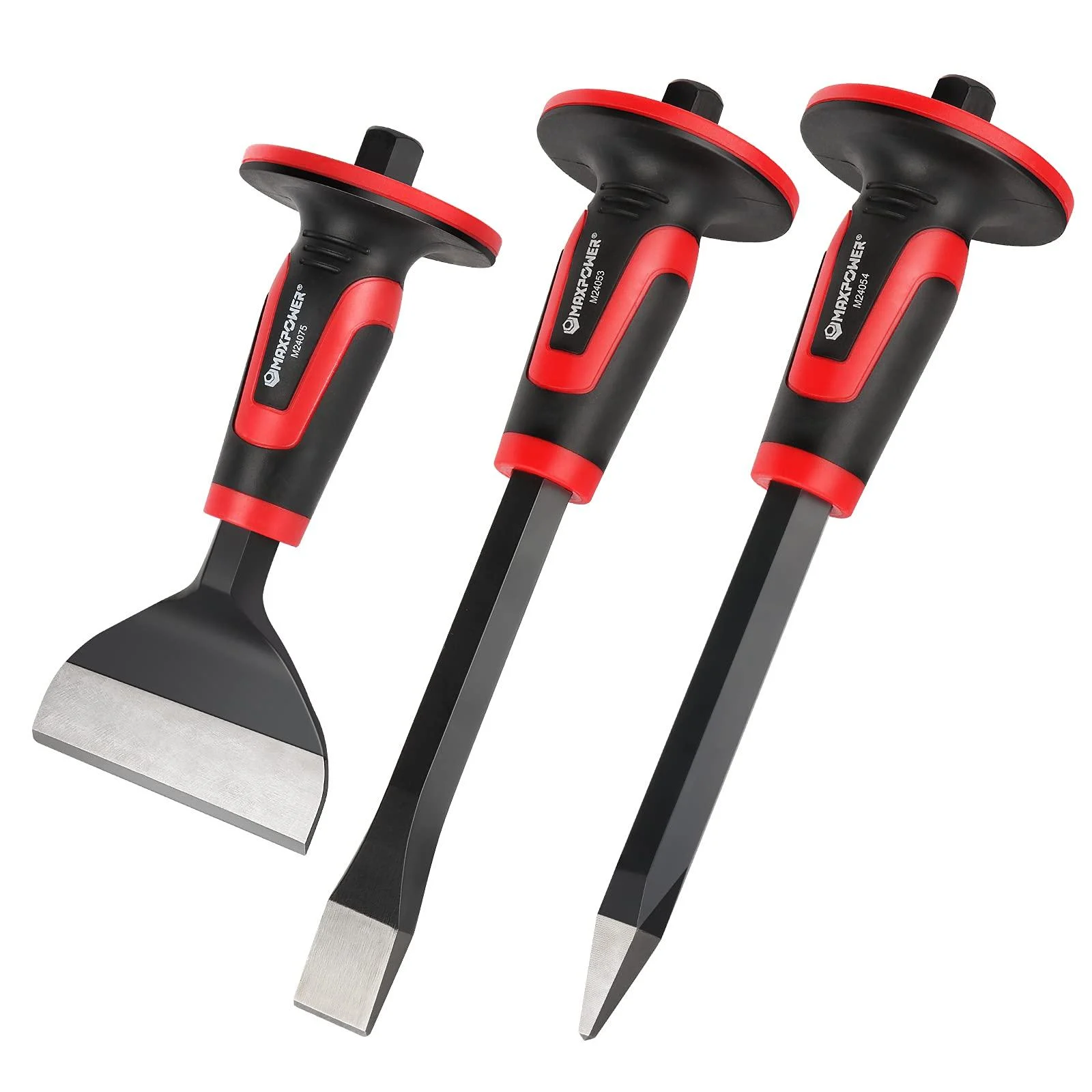 MAXPOWER 3PCS Masonry Chisel Set 11 inch Point Chisel and Flat Chisel 8 inch Brick Chisel Tile Chisel Concrete Chisel with Thickness Hand Guard
