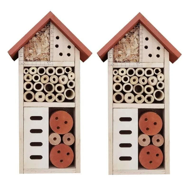 2 x Wooden Bee Hotels Insect House Natural Wood Garden Nesting Habitat Box Bug Butterfly Insects Outdoor Shelter - Quickdraw