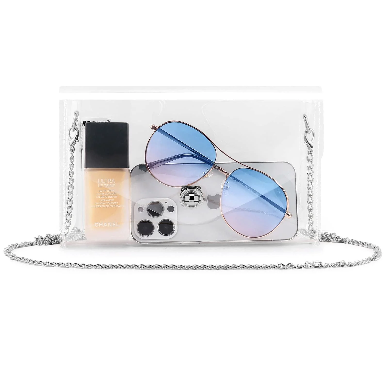 Mossio Clear Purse for Women, Stadium Approved Clear Crossbody Shoulder Handbag Clutch, for Work, Concerts, Sports Events Clear (Silver Chain)