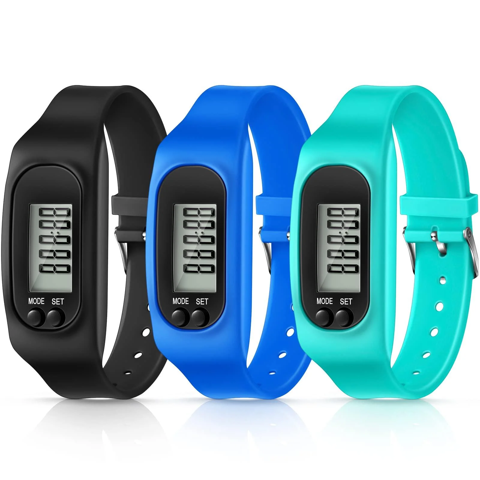 Silicone Fitness Tracker Watch 3 Pcs Walking Running Pedometer Calorie Burning and Step Counting Bracelet Steps Pedometer Watch for Walking Men Women Kids Mint Green Sky Blue Black - Kenning