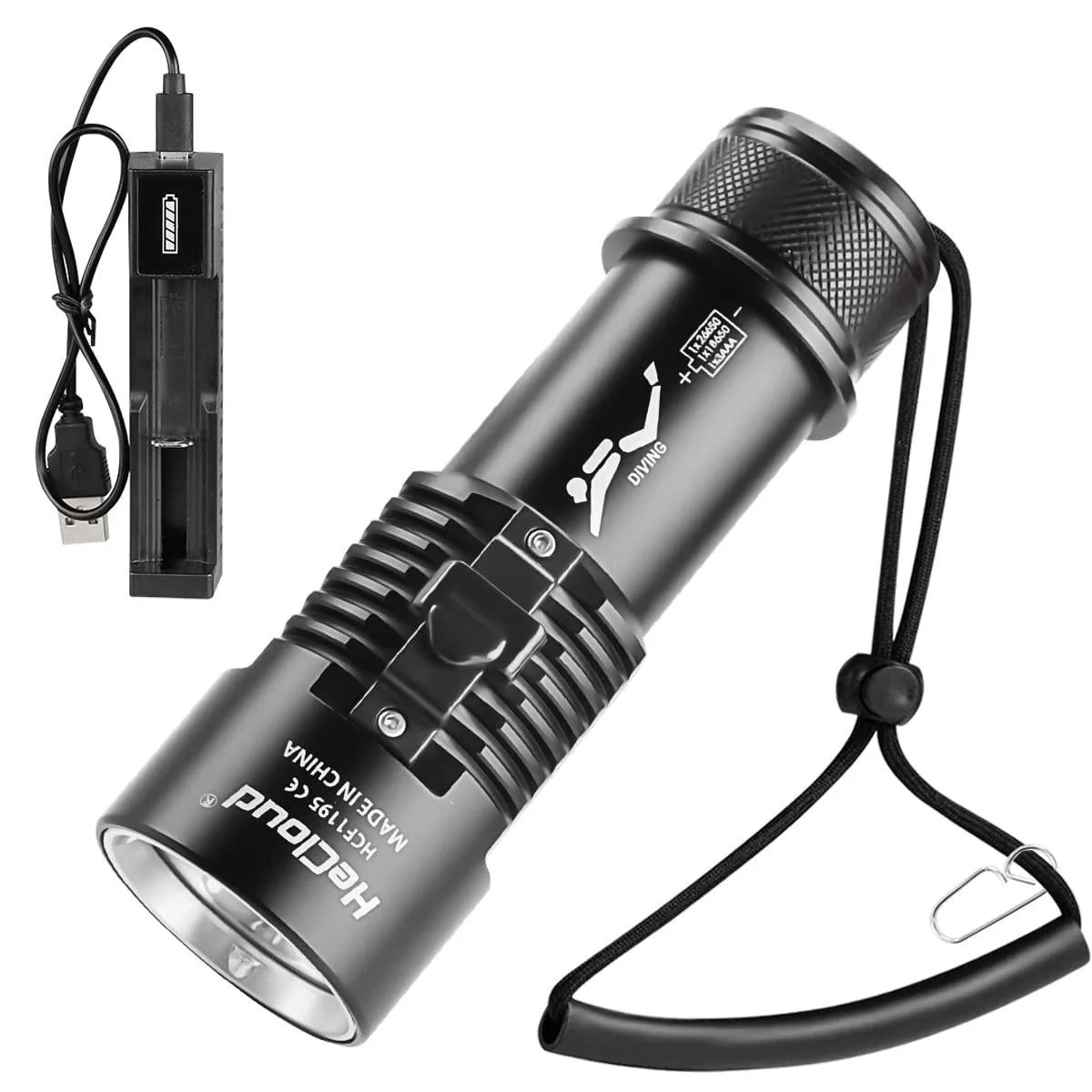 HECLOUD Diving Light with Rechargeable Power Scuba Dive Flashlight Super Bright Underwater 98ft Lights Torch 6000 Lumen IPX8 Waterproof Snorkeling Diving LED Flashlights 3 Modes for Night Underwater