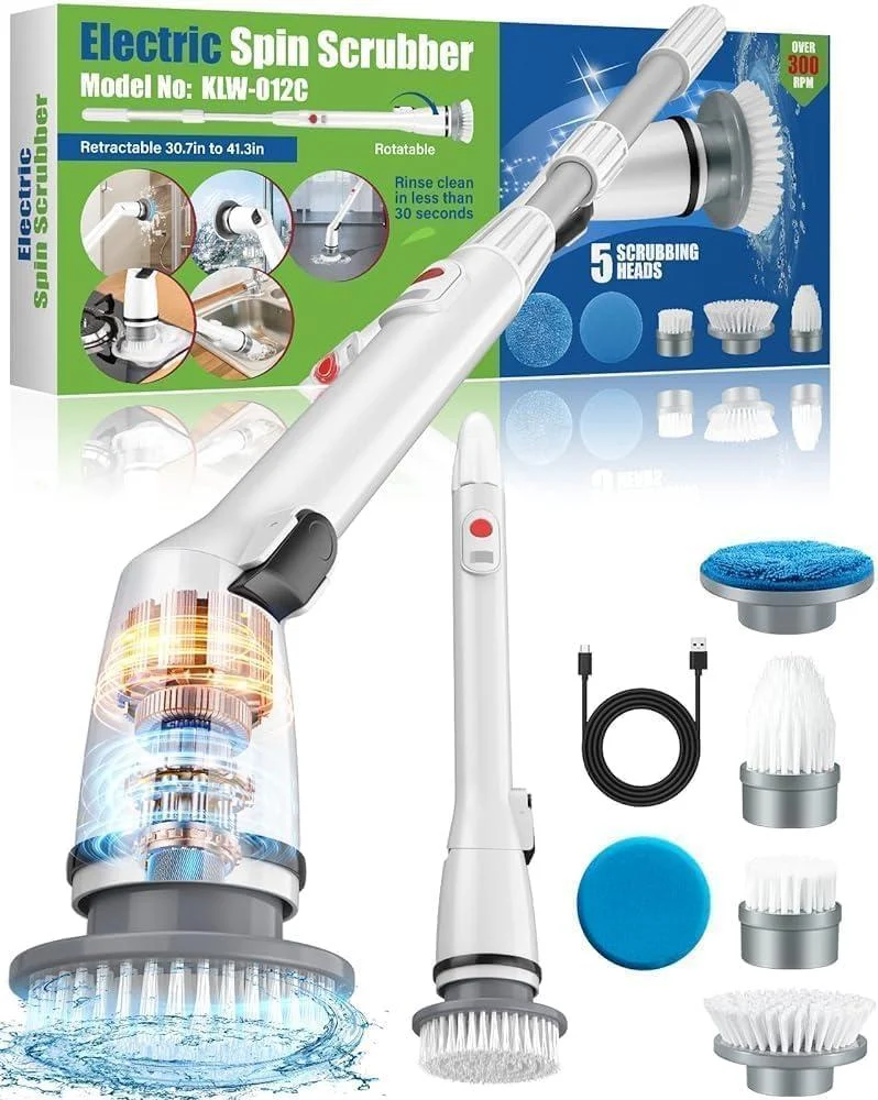 Rechargeable Electric Spin Scrubber Cordless Spin Scrubber with 3 Replaceable Brush Heads and Adjustable Extension Handle Power Cleaning Brush for Bathroom Floor Tile Car - Seven-first