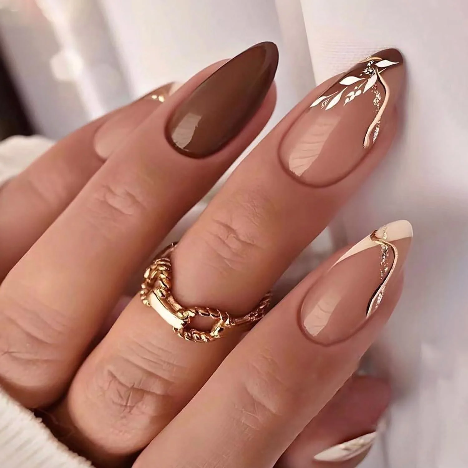 24 Pcs Almond Press on Nails Fall Fake Nails Brown White Medium False Nails with Leaf Designs Full Cover Glossy Acrylic Glue on Nails Autumn Thanksgiving Stick on Nails for Women Manicure DIY Style 6 - ASABITE