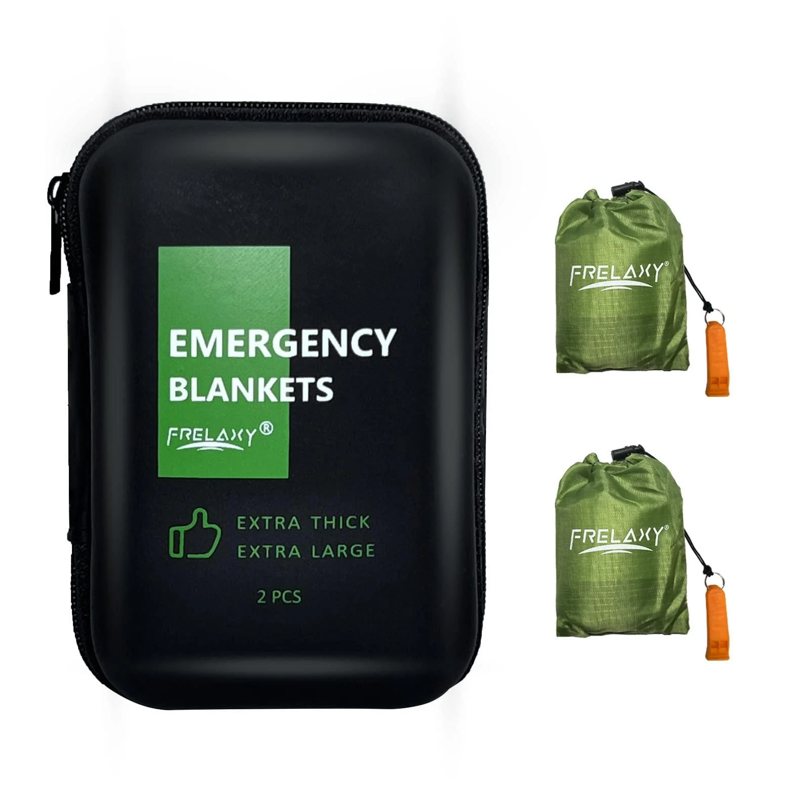 Frelaxy Emergency Blanket 2-Pack/4-Pack, Extra-Thick Extra-Large Space Blankets with Whistles, Storage Pouchs, and EVA case Army Green - 2 Pack