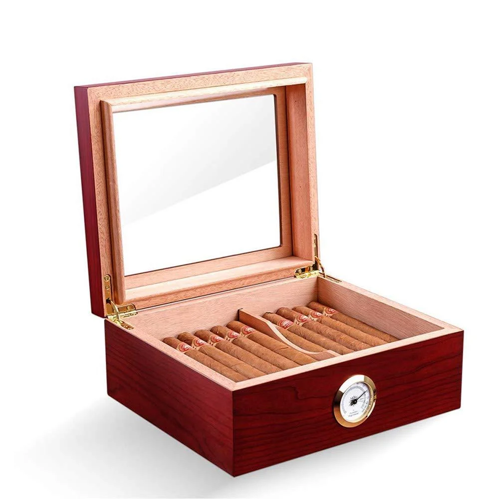 PIPITA Cigar Humidor Desktop Glass Top Cedar Wood Box Travel Humidor for Cigars with Humidifier and Hygrometer Holds 25-50 Cigars (Glass Top) (Red)