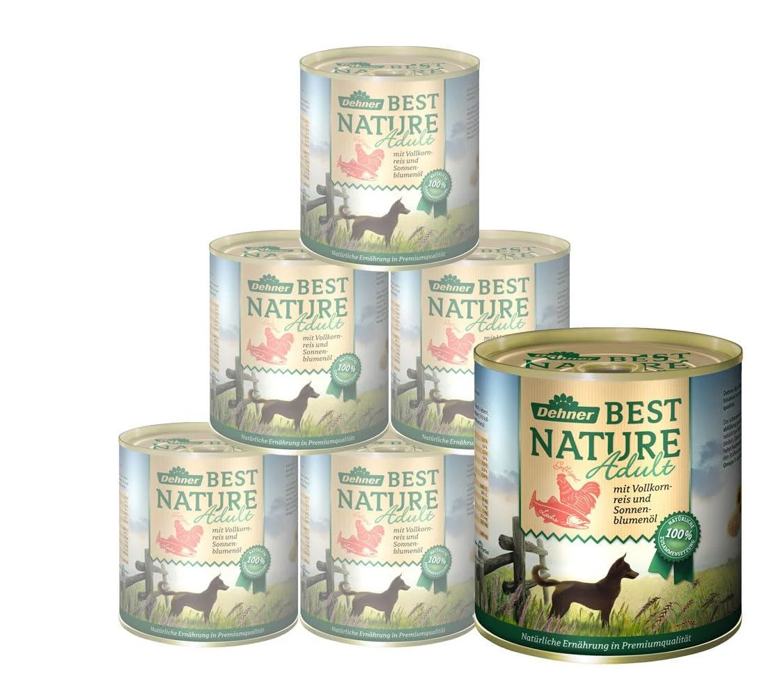 Dehner Best Nature Dog food wet food free of grain for adult dogs salmon / poultry / rice 6 x 800 g can (4.8 kg) adult salmon and poultry with rice 800 g (6 Pack)