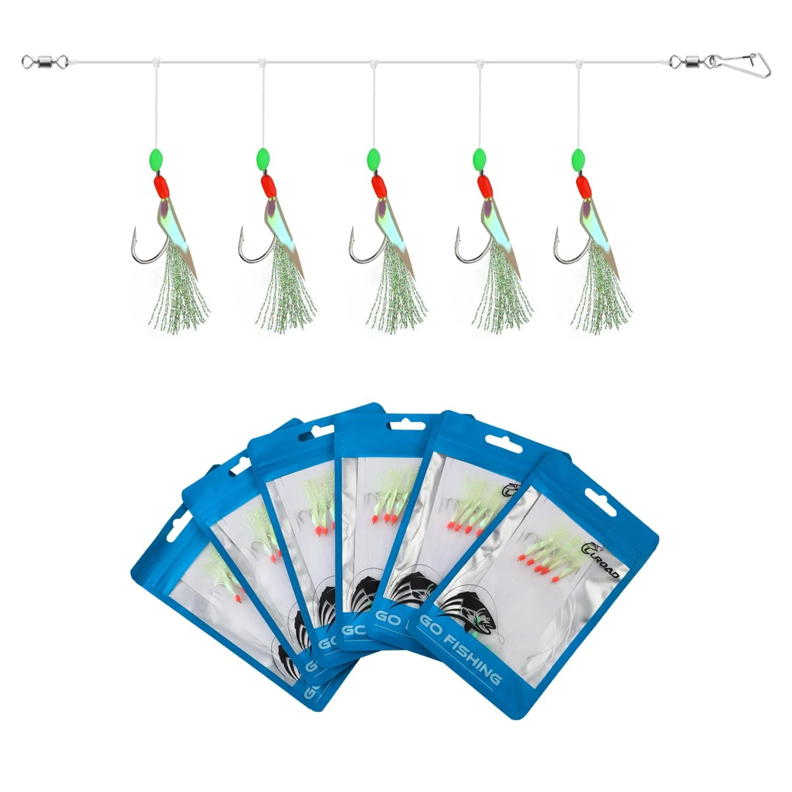 Luroad 10pcs Mackerel Feathers Rigs, Pre Tied Sea Fishing Rigs with Luminous Beads Bionic Flying Insects Lure Rig Fluro Flasher - 10pcs Hook Size 12