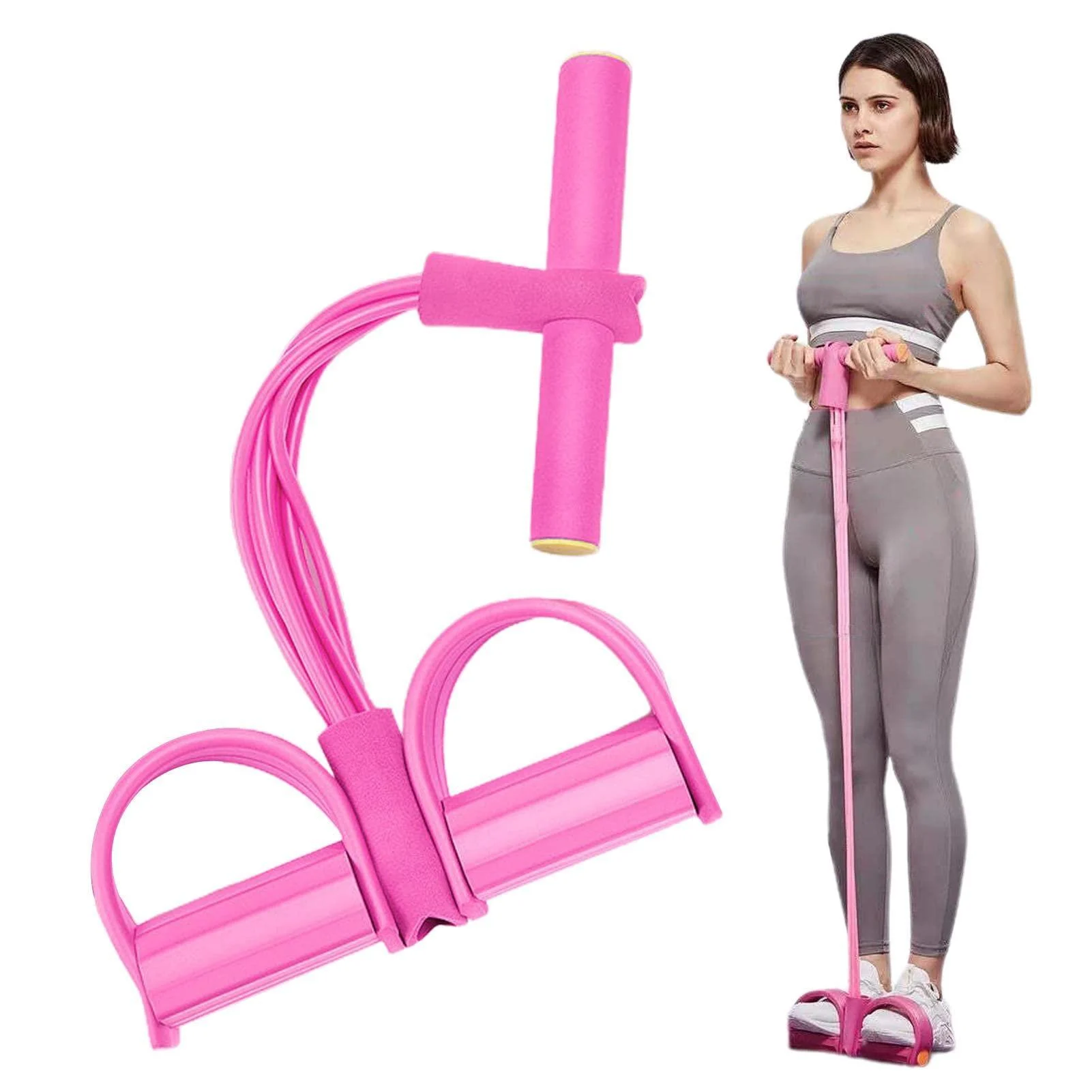 21 Fitness Resistance Bands-6 Tube Pedal Ankle Puller Elastic Exercise Bands with Handles Pull Rope for Waist Arm Leg Train Pink