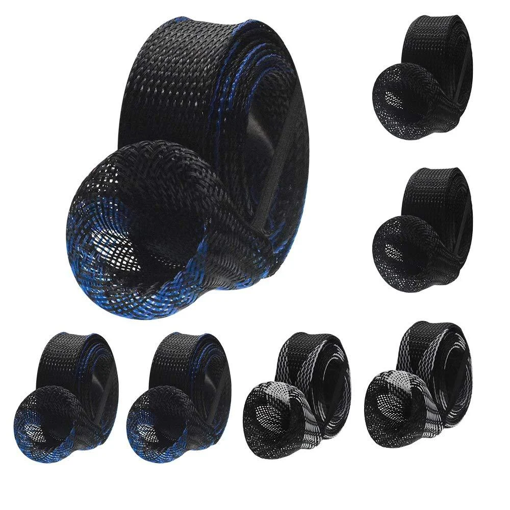 Dndo 7PCS Fishing Rod Sleeve Rod Cover, Braided Mesh Rod Sock for Protecting Fishing Rod, Protector Pole Gloves Fishing Tools (Black with Blue, Black with White, Black)