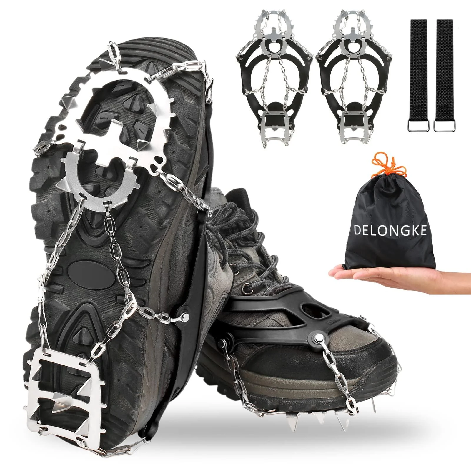 Crampons Ice Cleats for Hiking Boots and Shoes, Anti Slip Walk Traction Cleats, Snow Ice Grippers 18 Spikes and Grips, Safe Protect for Hiking Climbing Fishing Mountaineering Walking, Men/Woomen /Kids Black - DELONGKE