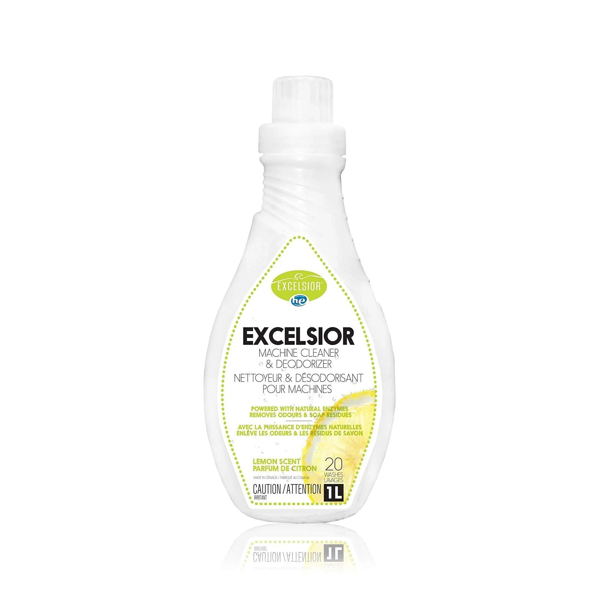 Excelsior HE Washing Machine Cleaner and Deodorizer, Removes Odors & Residues for 20 Cleanings of High Efficiency Washers, Lemon Scent, 1 Liter Bottle