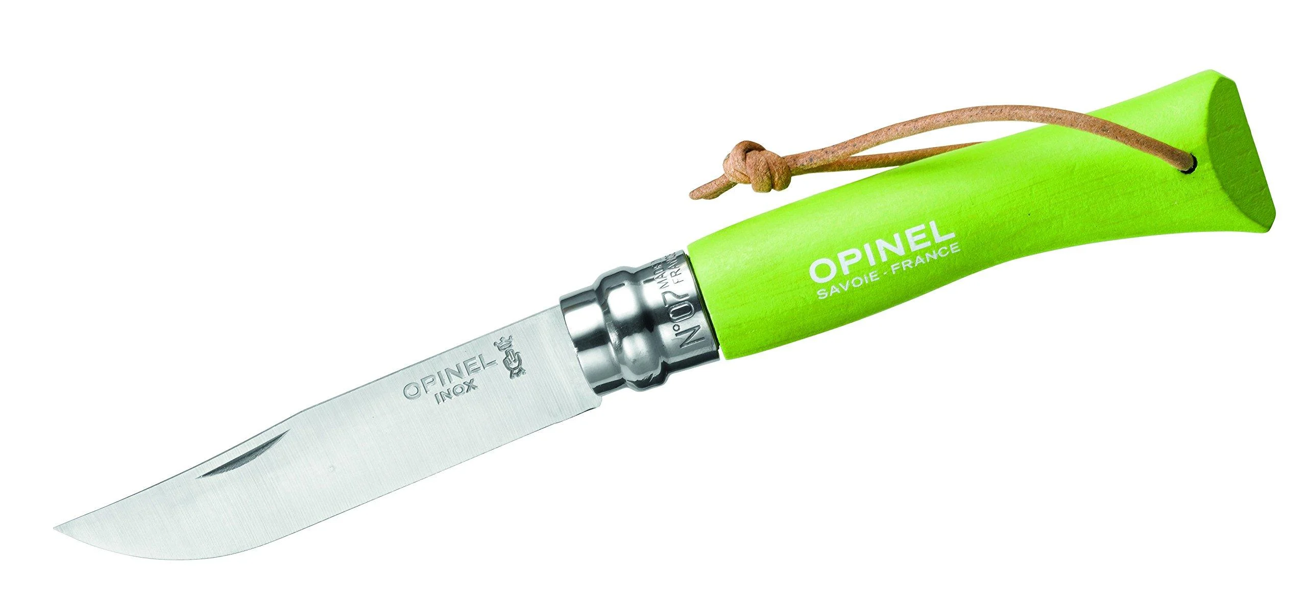 Opinel knife No. 7 001442 Sandvik stainless steel 12C27 green beechwood handle leather strap Virobloc system