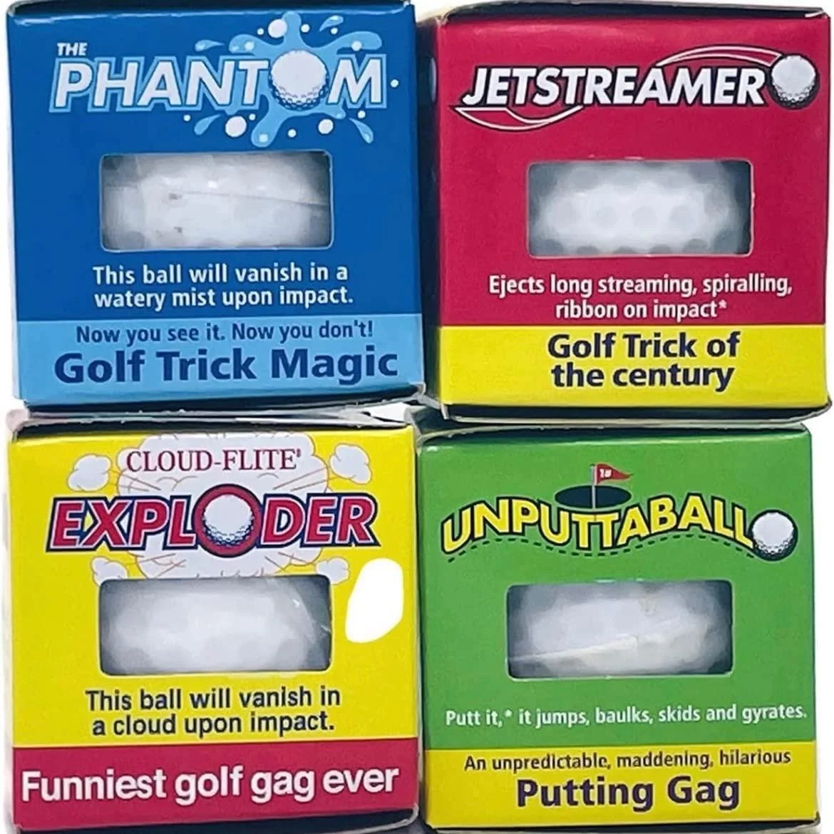 Exploding Golf Balls (4 Pack) 1 burst into a Cloud of White Smoke, 1 Water, 1 streaming Ribbon, 1 jumps & slides when putted - funny Golf Gag Gift