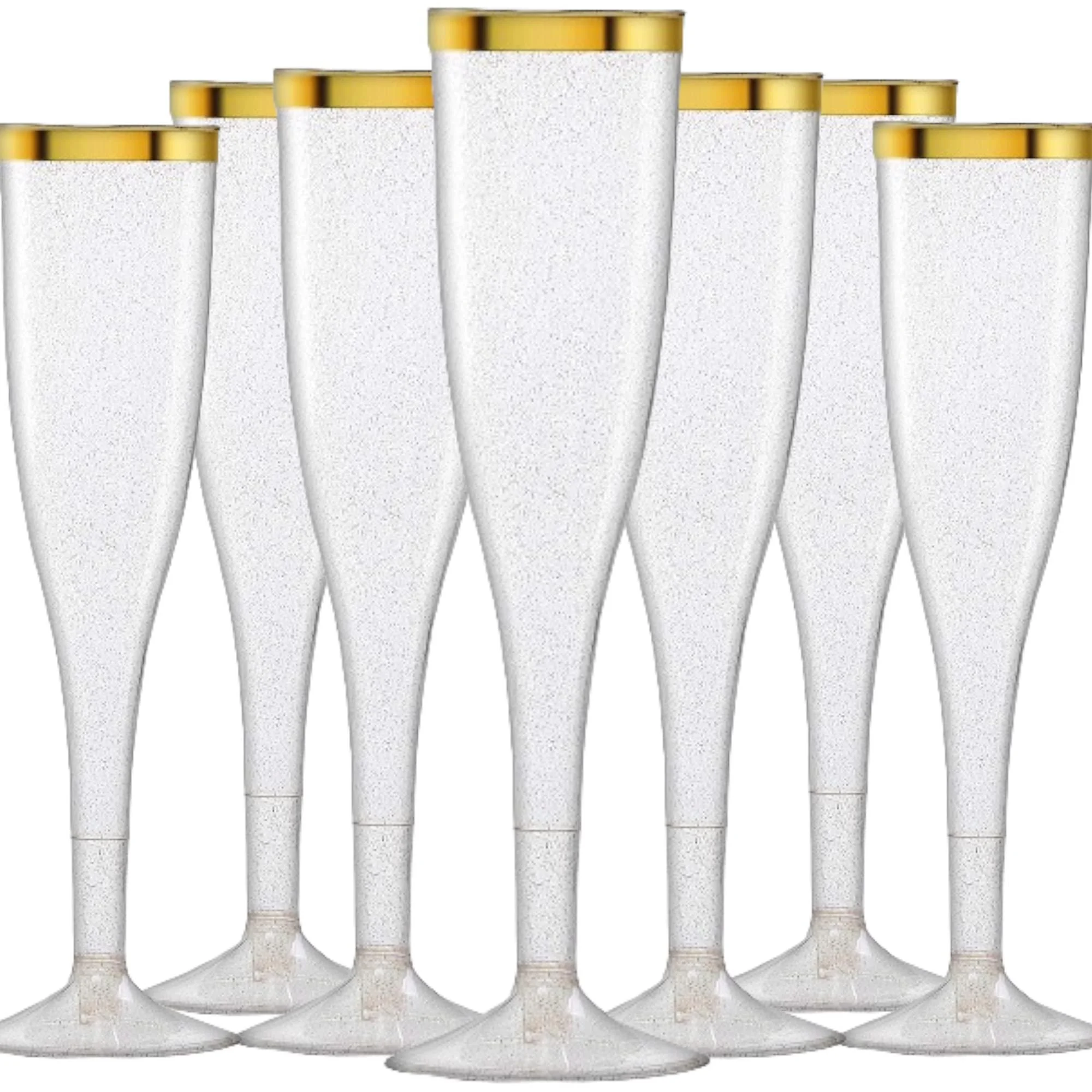 48 Plastic Disposable Champagne Flutes Classicware Glass Like Ideal for Wedding, Toasting, Mimosa and Showers Flutes champagne glasses for parties or any occasions (48, Gold Glitter W/ Gold Rim) 48 Gold Glitter W/ Gold Rim - Oojami