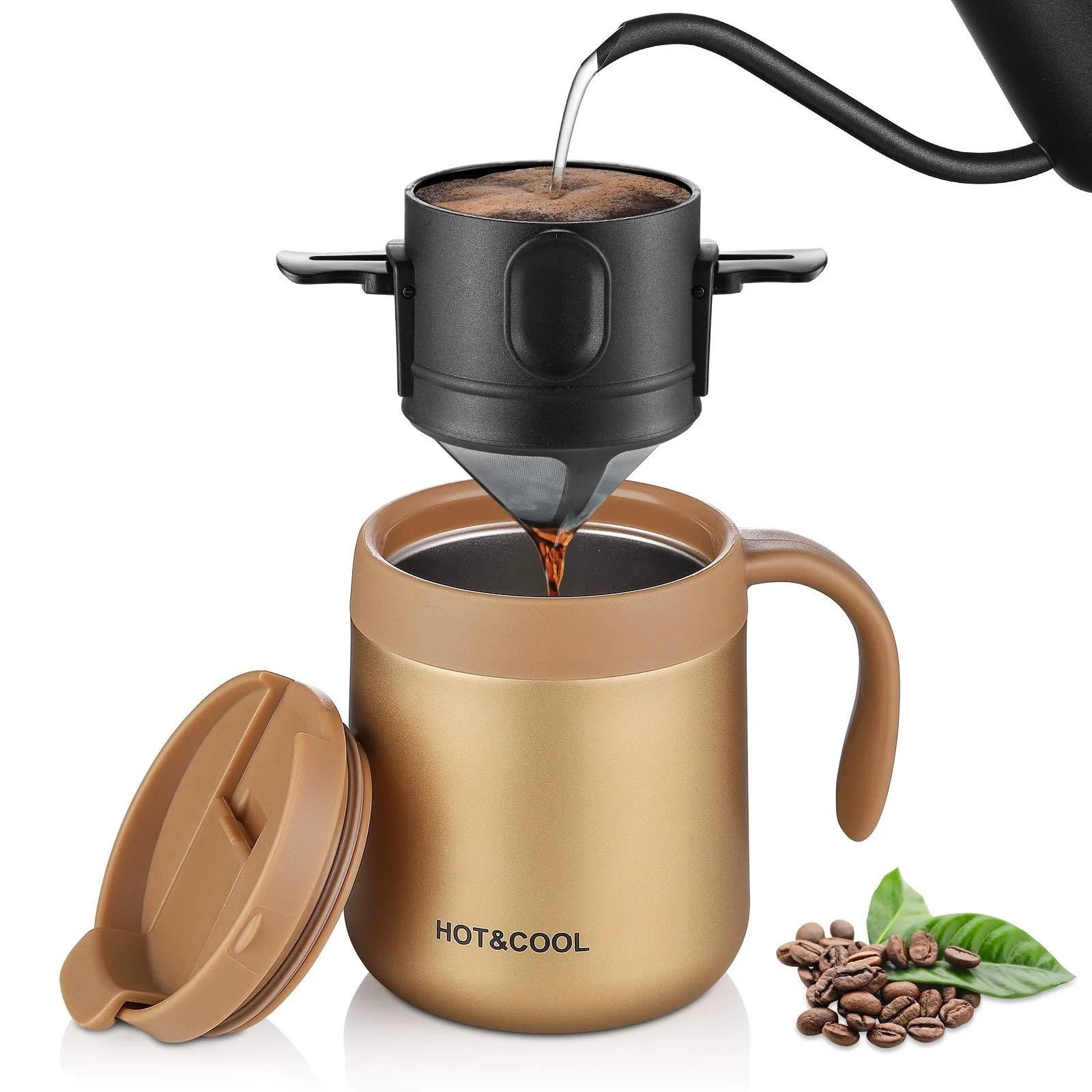 ONEISALL Stainless Steel Coffee Mug + Collapsible Pour Over Coffee Filter - for Travel Camping Offices Backpacking Insulate Mug Paperless Portable Coffee Dripper Single Serve 12oz Gold Coffee Mug + Filter