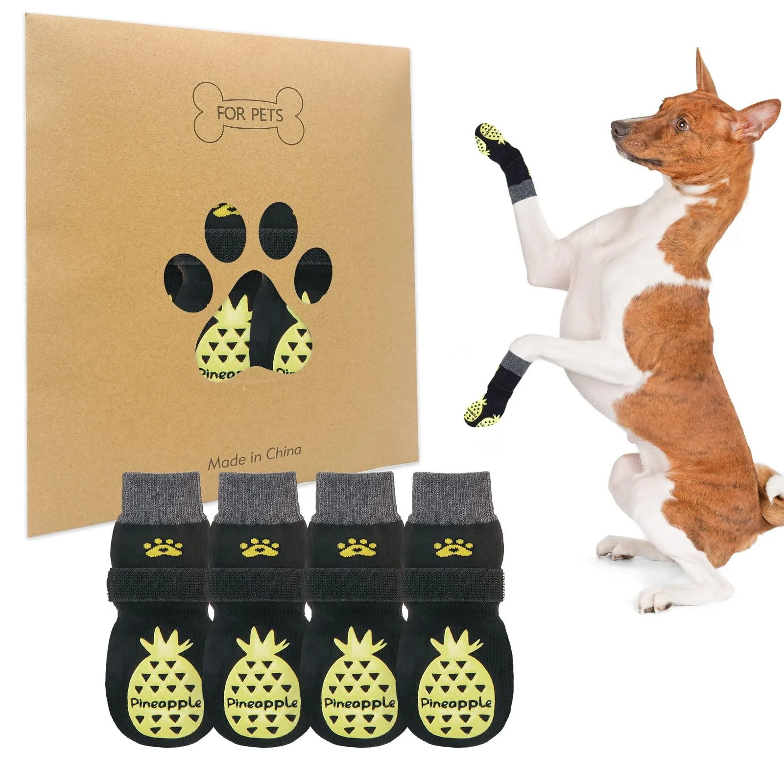 BEAUTYZOO Non-Slip Dog Socks for Hardwood Floors Small Medium Large Senior Old Dogs Paw Protectors 2 Pairs - Traction Control Anti Slip Puppy Socks Prevent Licking Anti Twist for Hot/Cold Pavement Pineapple Black S/M(Pack of 4)