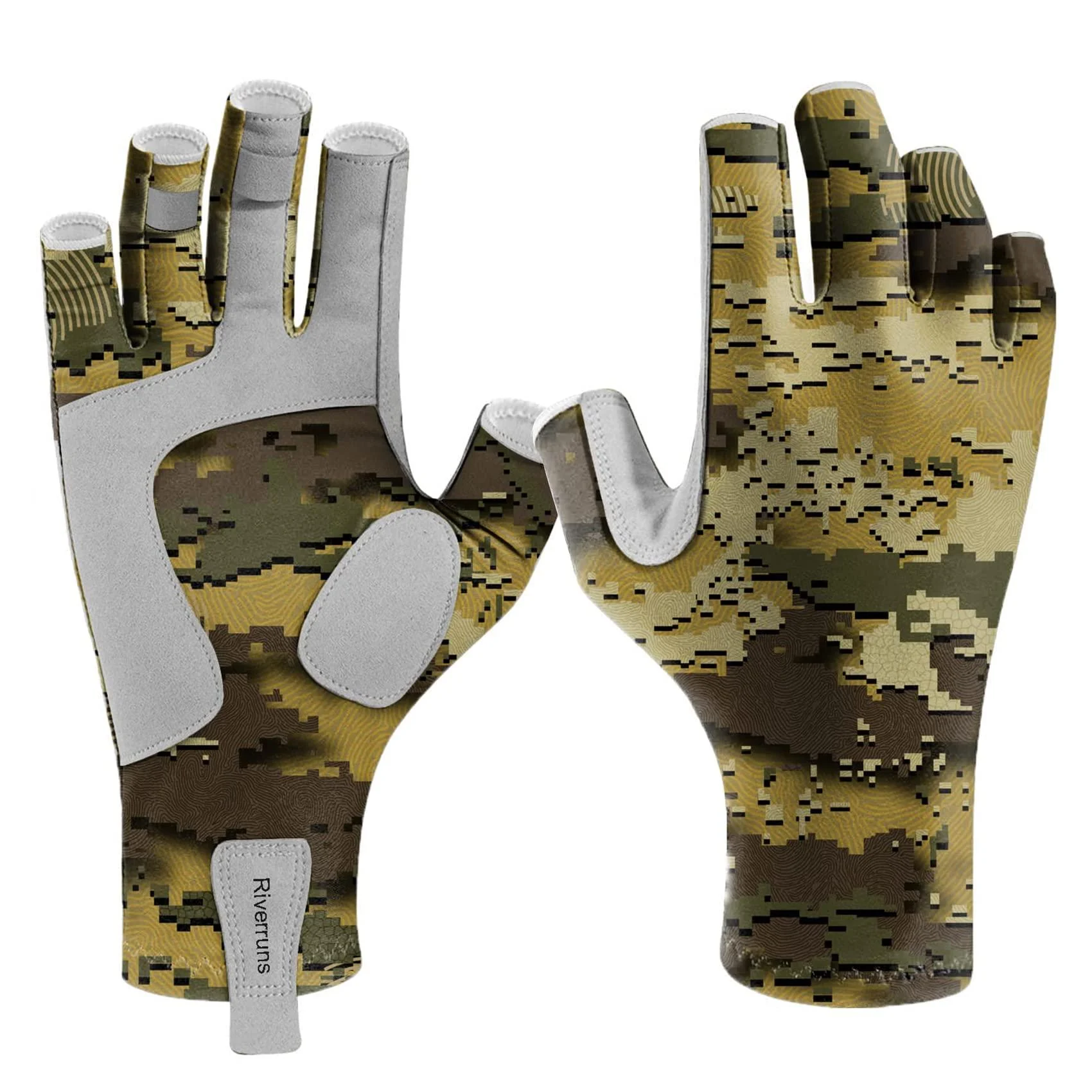 Riverruns UPF 50+ Fingerless Fishing Gloves UV Protection Fishing Sun Gloves for Men and Women Fishing, Boating, Kayaking, Hiking, Running, Cycling and Driving CamoQuag Medium