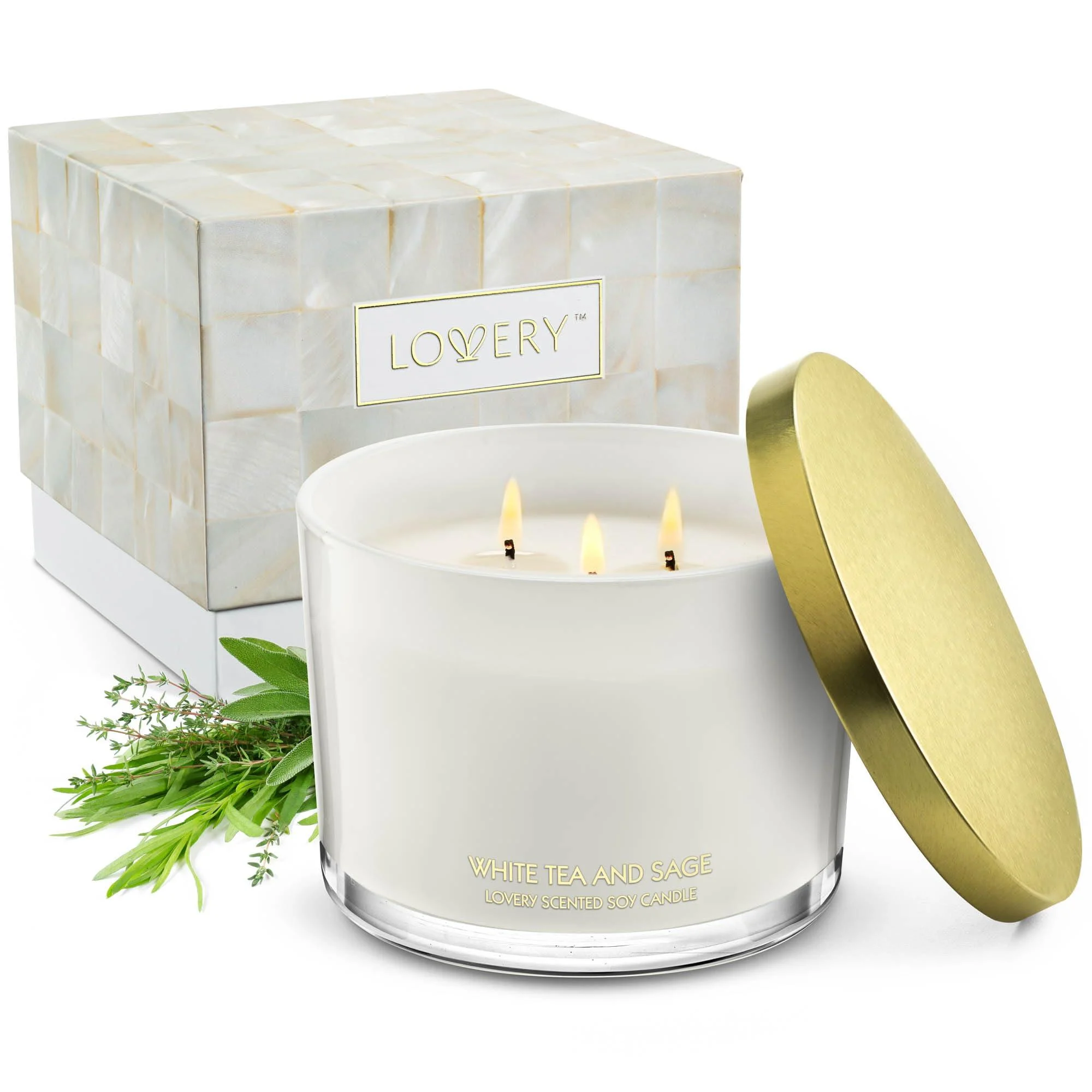 Luxury White Tea & Sage Scented Candles Large Soy Candles 3 Wick Aromatherapy Candle Wedding Gifts Birthday Gifts for Women Men Mom Stress Relief Relaxation Gifts Candles for Home Scented - LOVERY