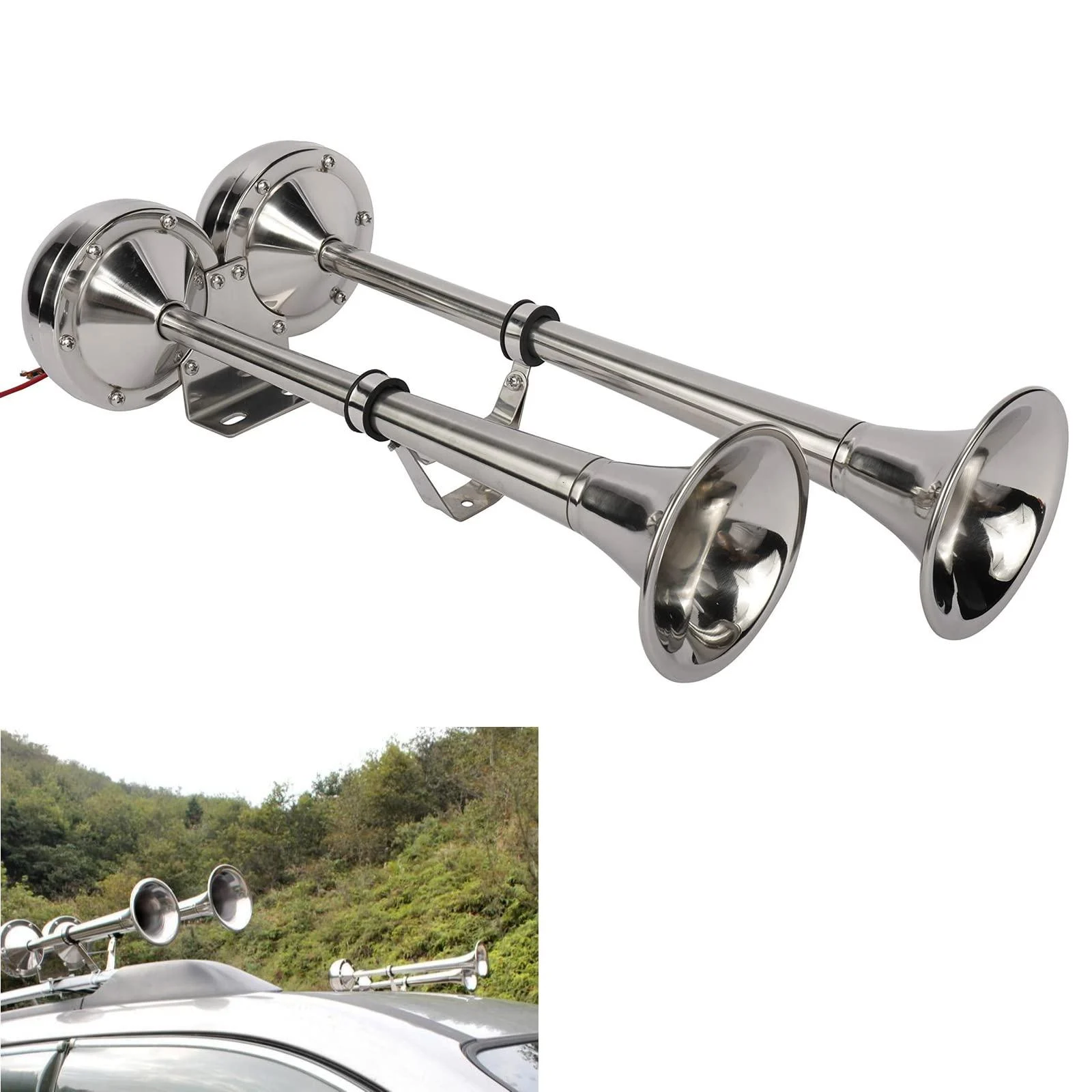 WerkWeit Dual Boat Horns12V Marine Boat Trumpet Horn Polished Stainless Steel Marine Horn, Low and High Tone, with Stainless Steel Adjustable Trumpet Support