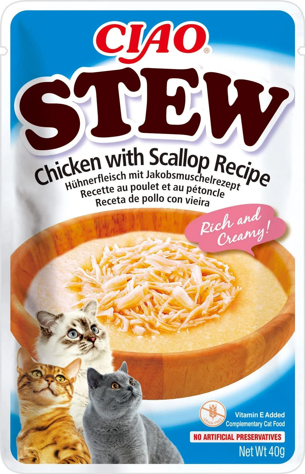 Ciao Stew by INABA Cat Treat - Chicken with Scallop - 1 Pack (40g total) / Moist Cat Treat Delicious & Healthy Snack Food Topper Side Dish Complement Natural Grain Free Chicken with Scallop 40 g (Pack of 1)