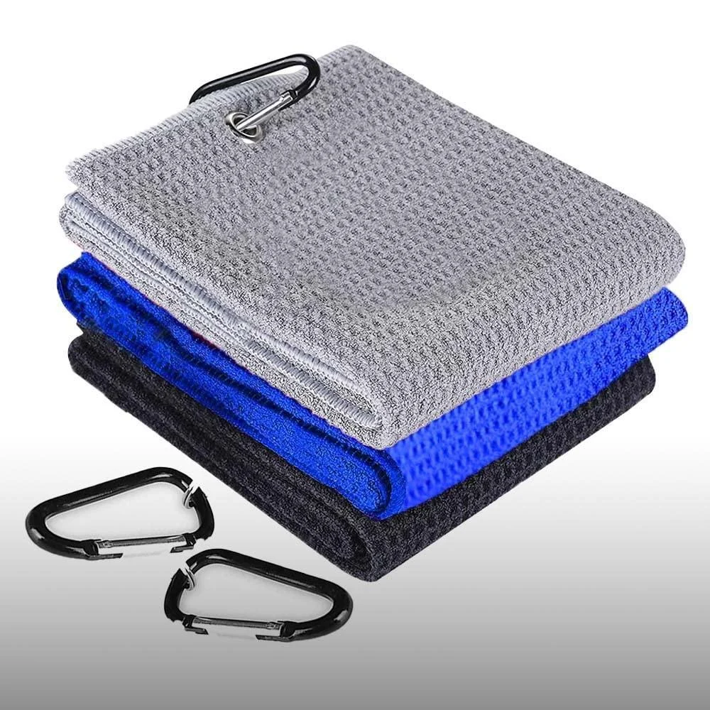 3 Pack Golf Towel with Microfiber Waffle Pattern Tri-fold 16''x16'', Golf Cleaning Towels, Super Absorption and Quick Dry with Carabiner Clip for Golf Bags for Men & Women, Blue, Black and Gray