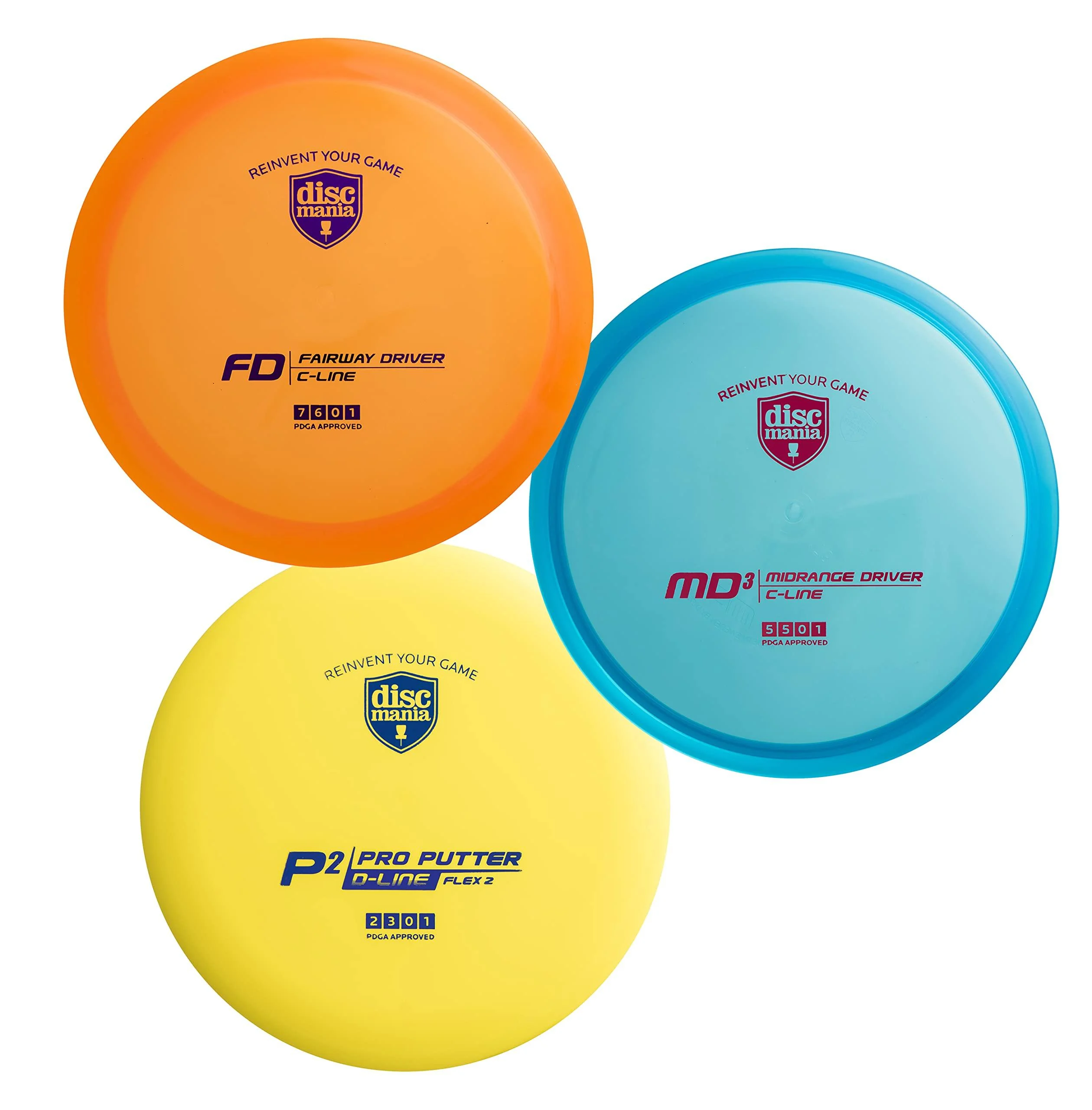 Discmania Originals 3-Disc Disc Golf Set C-Line FD Fairway Driver, C-Line MD3 Midrange Driver, and D-Line P2 Disc Golf Putter (Colors Will Vary)