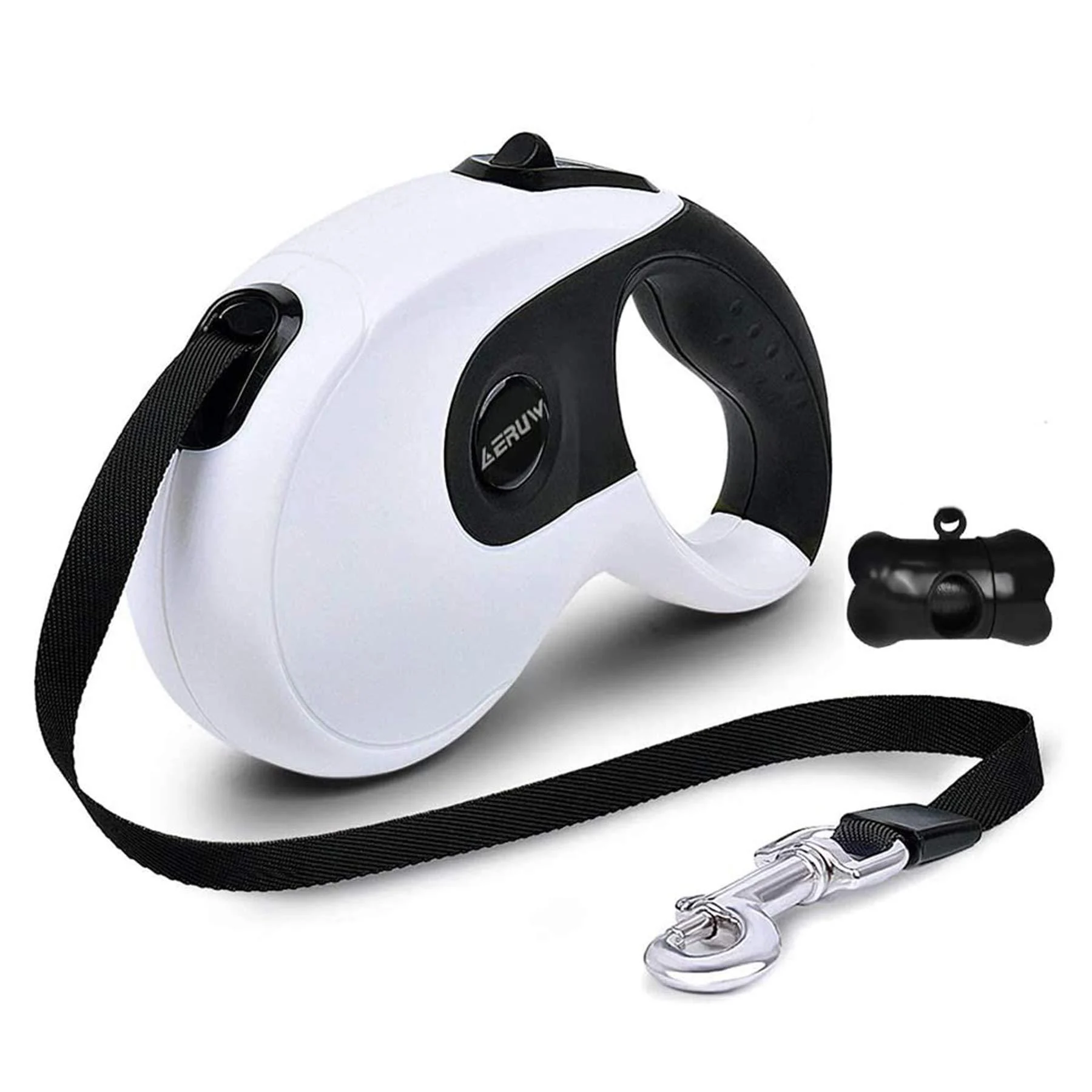 Roll-linen dog leash pull-in leading leash strong leash for dogs A button Break & Lock for safety belt up to 5 meters for dogs up to max 40 kg bag dispenser & poop pockets included
