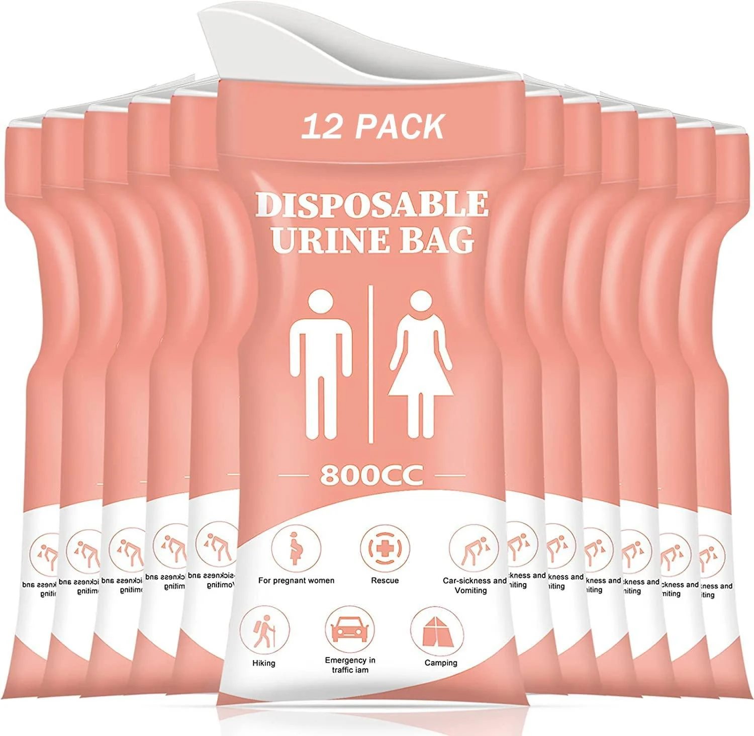 DIBBATU Disposable Urinal Bag, 12/24 Pcs 800ML Emergency Urine Bag, Unisex Urinal Bag, Portable Camping Pee Bag, Travel Urine Bag Vomit Bag for Traffic Jams, Camping, Hiking, Pregnant, Patient, Kids Pink-12