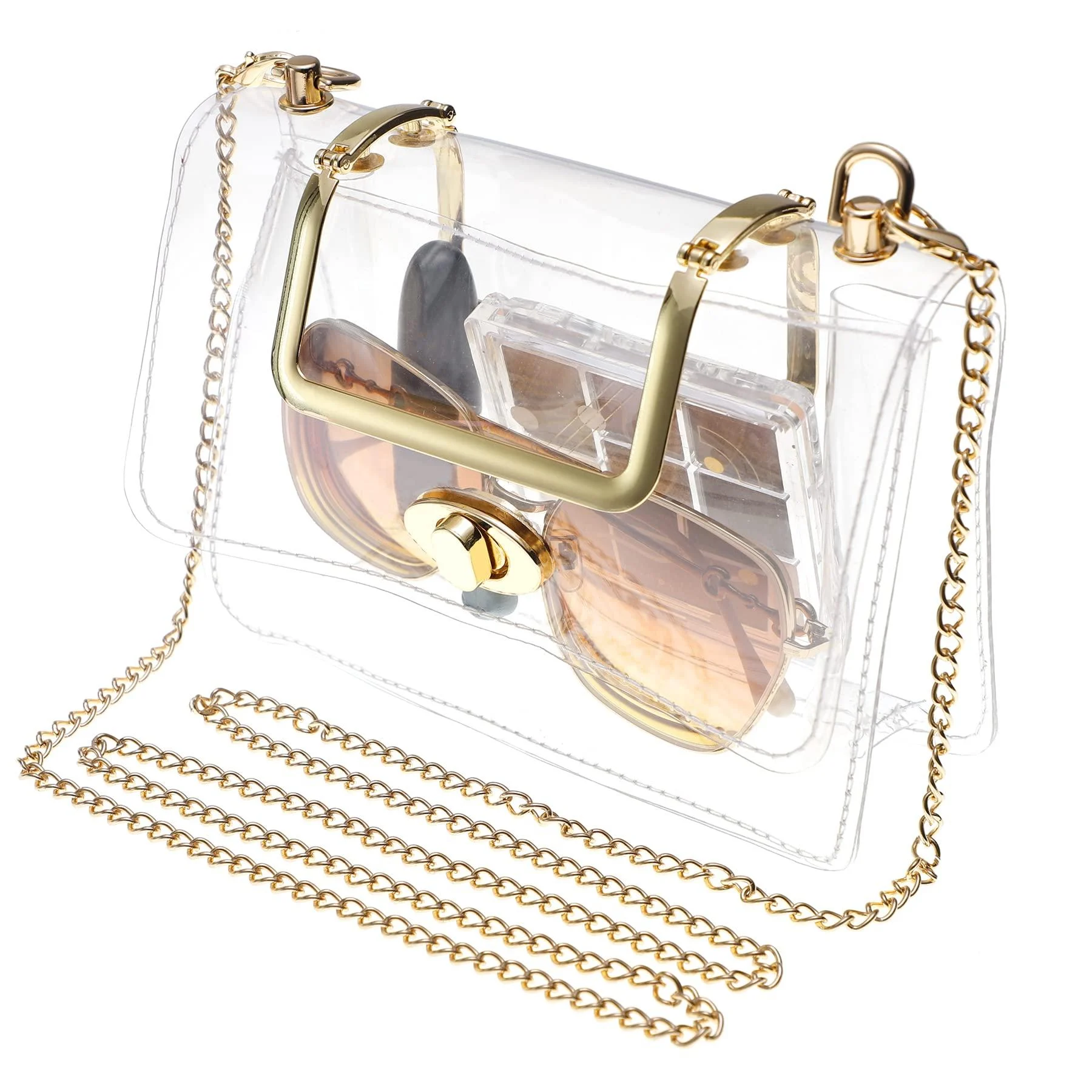 HAUTOCO Clear Bag Stadium Approved Clear Stadium Bag for Women Clear Crossbody Bag with Removable Gold Chain Strap for Concert Sport Event