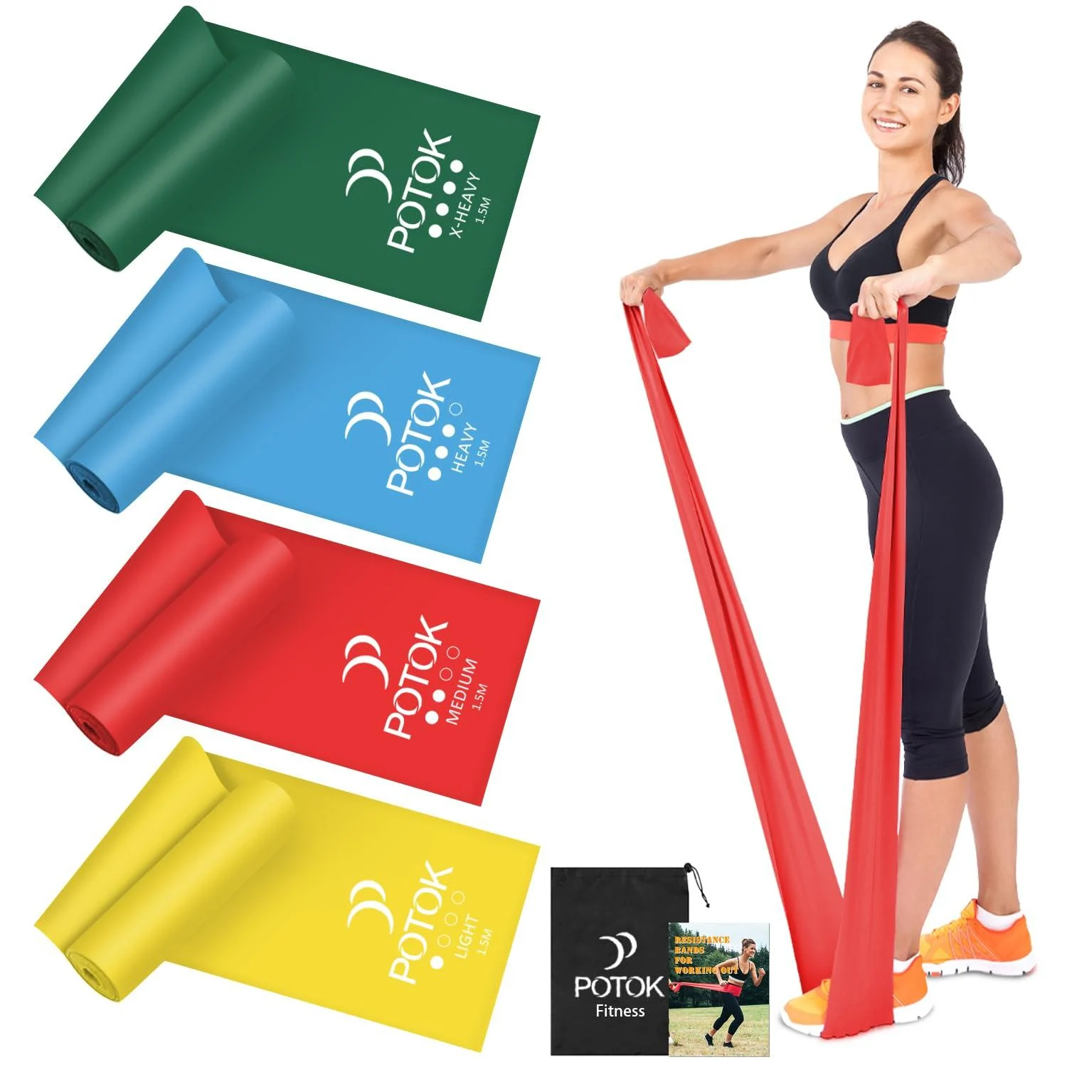 4 Set Fitness bands with 4 resistance levels Resistance Bands Gymnasium Band with a carrier bag Ideal for yoga pilates strength training physiotherapy - POTOK