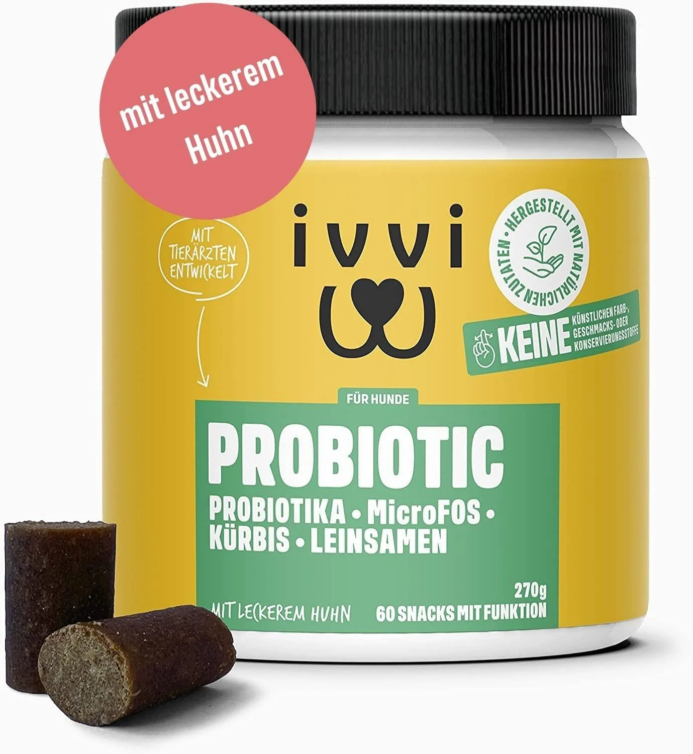 Ivvi probiotic dogs probiotics as a treat as a treat - dog intestinal flora improved digestion & immune system - 60 delicious snacks (270g) with chicken chicken